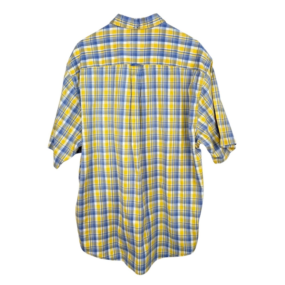 Vintage 90s Eddie Bauer Yellow Blue Plaid Short Sleeve Shirt Cotton Preppy Sz L - Picture 5 of 7